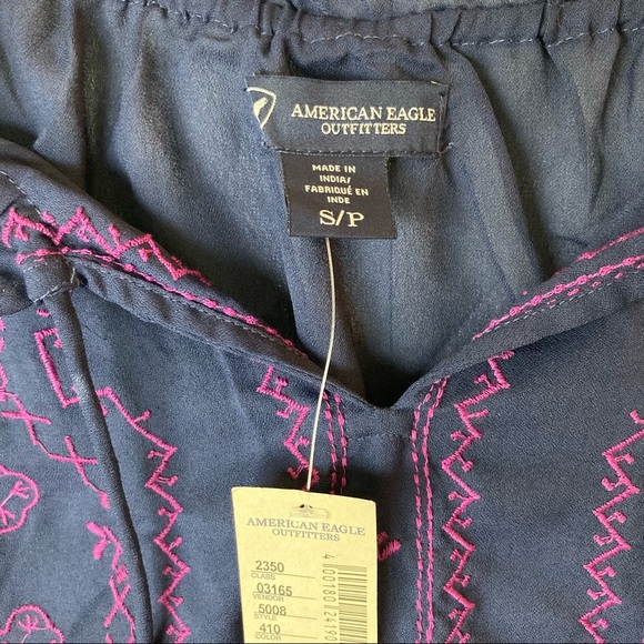 American Eagle long sleeve navy sheer blouse top with purple embroidery-Sz S - Picture 8 of 13